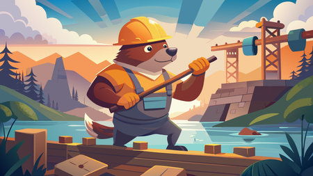 Dynamic graphic fantasy artwork in vibrant colors with soft dawn mist and ethereal lighting, evoking an industrious and mighty mood through exaggerated muscular features and action poses. Ideal for children's books, fantasy merchandise, humorous engineering ads, wildlife education posters, and gaming assets targeting creative industries and young audiences. V. AI-generated vector illustration. AI-generated illustration.のイラスト素材