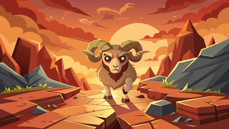Epic fantasy wallpaper art blending adorable character motifs with raw destructive power in earthy boulder textures and seismic horn vibrations. Terracotta sunset glow enhances dramatic rubble cascades and unmovable rampage atmosphere, ideal for gaming wallpapers, fantasy book covers, mobile backgrounds, and promotional graphics targeting gamers, designers, a. AI-generated vector illustration. AI-generated illustration.のイラスト素材