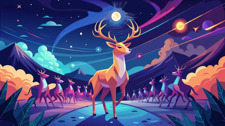 Epic panoramic graphic illustration capturing a noble, protective wildlife leader with celestial glow from ornate antlers and abstract constellation trails. Cute style features velvet fur textures and starry savanna ambiance for a fantastical, enchanting mood. Ideal for premium wallpapers, fantasy posters, book covers, apparel designs, and digital media in ad. AI-generated vector illustration. AI-generated illustration.のイラスト素材