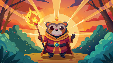 Vibrant graphic art showcasing symmetrical radial composition, warm golden hour lighting filtering through leaves, and cute fantasy illustration style with a magical whimsical mood. Ideal for  high-resolution wallpapers, fantasy game assets, mobile backgrounds, apparel prints, and digital merchandise targeting gamers, children, and fantasy enthusiasts. AI-generated vector illustration. AI-generated illustration.のイラスト素材