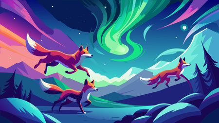 A creative digital illustration depicting Graphic strong cute elemental fox spirits chasing aurora tails, trailing pursuit composition, northern lights green-purple lighting, fantasy style dynamic, excited ethereal mood, stock photography per. This AI-generated artwork features unique visual elements suitable for various commercial and editorial applications. AI-generated illustration.のイラスト素材