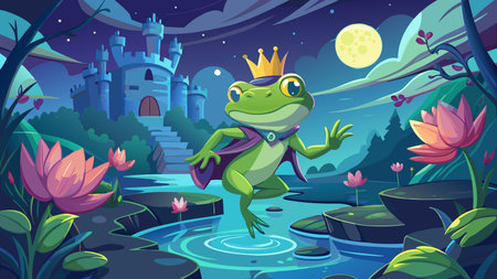 Vibrant fantasy graphic in strong artistic style with dynamic leaping composition and moonlit silver ripples, evoking regal amphibious adventure and whimsical mood. Ideal for fantasy book covers, children's story illustrations, gaming assets, apparel prints, and promotional graphics in entertainment and creative industries. Versatile design suits digital medi. AI-generated vector illustration. AI-generated illustration.のイラスト素材