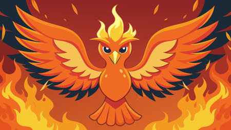 Dynamic symmetrical composition in illustrative graphic style with fiery volumetric lighting, ember glows, and abstract flame motifs evoking triumphant resilience and renewal. Perfect for wallpapers, fantasy backgrounds, motivational posters, gaming assets, apparel prints, and digital media projects. Versatile artwork suits creative designers, marketers, and . AI-generated vector illustration. AI-generated illustration.のイラスト素材