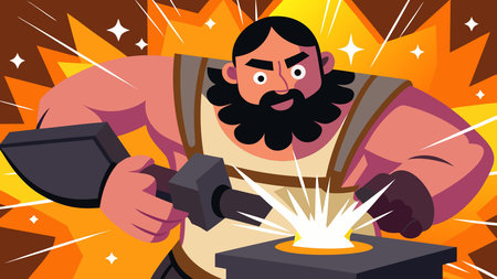A creative digital illustration depicting Ethereal fantasy scene of muscular fairy blacksmith hammering anvil, close-quarters composition with sparks and tools, forge ember warm lighting, graphic style with abstract hammer trails, industrious. This AI-generated artwork features unique visual elements suitable for various commercial and editorial applications. AI-generated illustration.のイラスト素材