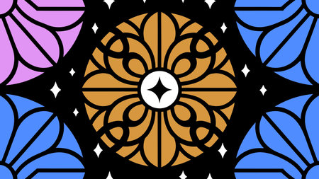 A creative digital illustration depicting Cosmic mandala with starry galaxies and nebulae in purples and golds, centered cosmic composition, ethereal backlighting with lens flares, space fantasy style, awe-inspiring and infinite mood, profess. This AI-generated artwork features unique visual elements suitable for various commercial and editorial applications. AI-generated illustration.のイラスト素材