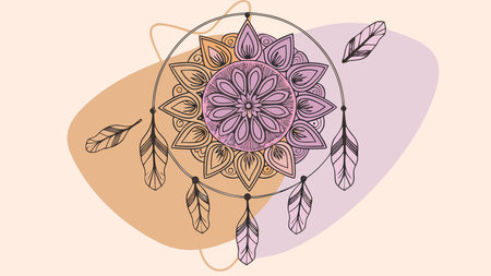 Boho illustrative style showcases asymmetrical balance and harmonious flow under warm golden hour lighting, blending free-spirited energy with grounded serenity. Ideal for spiritual wellness branding, bohemian fashion textiles, ethnic decor accents, and lifestyle merchandise appealing to eclectic creative audiences. Versatile ornamental design enhances poster. AI-generated vector illustration. AI-generated illustration.のイラスト素材