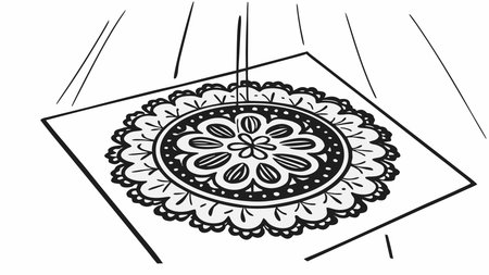 Sophisticated vintage engraving style digital artwork featuring intricate filigree and delicate lace motifs in a symmetrical mandala composition. Cool LED ring lighting creates an elegant, ornate mood with subtle metallic sheen and refined details, evoking timeless luxury. Perfect for graphic design, jewelry patterns, textile prints, wedding invitations, and . AI-generated vector illustration. AI-generated illustration.のイラスト素材