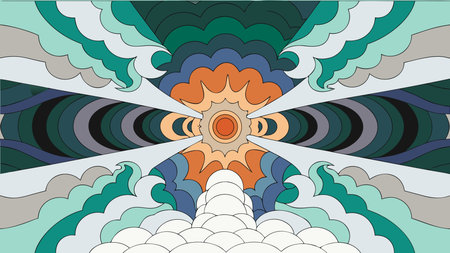 A creative digital illustration depicting Hypnotic swirling mandala vortex in fiery oranges and yellows, radial pull composition drawing the eye inward, intense fiery backlight, surreal digital painting style, intense and captivating mood, 12. This AI-generated artwork features unique visual elements suitable for various commercial and editorial applications. AI-generated illustration.のイラスト素材