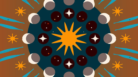 A creative digital illustration depicting Celestial mandala pattern with moons, stars, and orbiting...