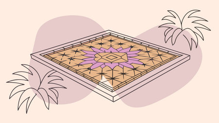 A creative digital illustration depicting Moroccan zellige tile mandala in cobalt blues and sunny...