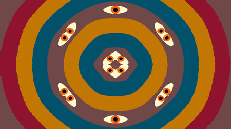 Trippy 60s poster art style bursts with distorted radial composition, strobe-like multicolored...