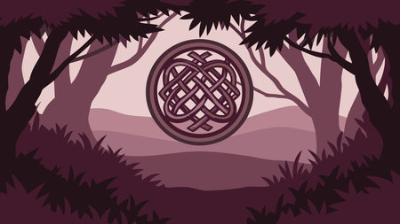 Enchanting mythical knotwork design featuring complex looped symmetry in lush forest greens, illuminated by subtle dappled light for an ancient, mesmerizing mood. Ideal for tattoos, book covers, apparel prints, digital wallpapers, and Celtic-themed branding targeting fantasy enthusiasts, graphic designers, and cultural artists. Versatile high-detail style enh. AI-generated vector illustration. AI-generated illustration.のイラスト素材