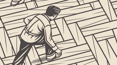 Sophisticated graphic composition blending interlocking weave motifs in warm wood tones, arranged in a symmetrical mandala form to convey rustic tactile elegance and ambient glow. Suited for applications in interior design, flooring visuals, textile prints, packaging, and branding materials for home decor and woodworking industries. Offers versatil. AI-generated vector illustration. AI-generated illustration.のイラスト素材