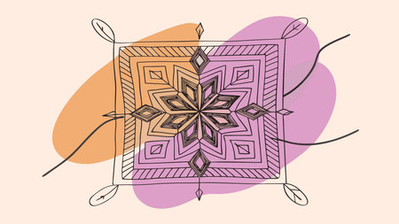 Embracing a digitized linocut print style, this artwork uses warm sunset lighting and earthy terracotta hues to evoke long shadows and a rustic, grounding atmosphere. Ideal for bohemian home decor, wellness branding, ethnic textiles, and spiritual materials. The harmonious square composition ensures adaptability for prints, digital backgrounds, and . AI-generated vector illustration. AI-generated illustration.のイラスト素材