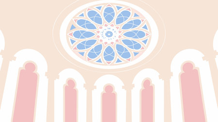 Ecclesiastical digital artwork embodying Byzantine artistry with intricate tesserae mosaics, jeweled accents, and radiant backlit stained glass luminosity for a sacred ambiance. Perfect for religious decor, architectural inserts, luxury spiritual interiors, and meditative branding materials. Offers high appeal in faith-based design, event graphics,. AI-generated vector illustration. AI-generated illustration.のイラスト素材