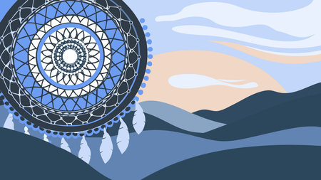 Eclectic digital artwork fusing asymmetrical mandala patterns with dreamcatcher elements in warm desert sands palette and golden hour lighting. Textile-inspired design captures free-spirited wanderlust mood through balanced, dynamic composition. Perfect for boho fashion prints, spiritual home decor, travel graphics, wellness branding, and lifestyle merchandis. AI-generated vector illustration. AI-generated illustration.のイラスト素材