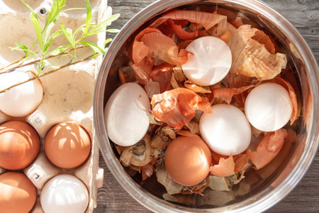 Prepare to paint the egg for Easter. Onion husks, egg and towel are on a wooden table