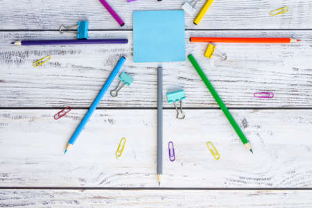 Office supplies for work, sales and study on a wooden background.の写真素材