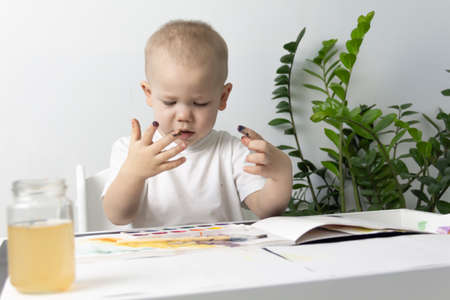 A little boy paints with watercolor paints on a table next to a green flowerの写真素材
