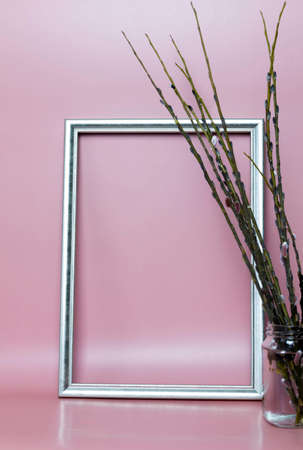The willow stands in a jar of water near the frame on a pink background.の写真素材