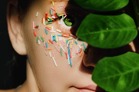 An open, green woman's eye with a sweet, multicolored sprinkle on the eyelid and a plant with large,...