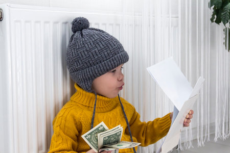 A little boy in a yellow sweater and hat is counting money and studying heating bills, near a heater with a thermostat..の写真素材