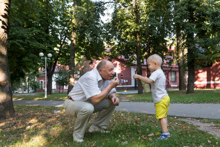 A little grandson in yellow shorts carefully and lovingly feeds a balding grandfather with popcorn from a yellow glass in an amusement park.の写真素材