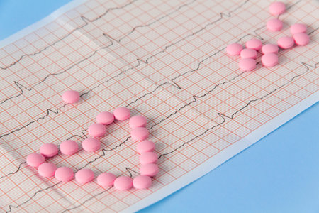A large handful of pink pills lie in the form of a heart on an electrocardiogram, on a blue background. The concept of a healthy lifestyle and timely medical examinationの写真素材