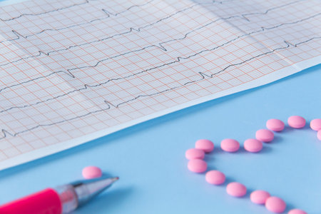 A large handful of pink pills lie in the form of a heart on an electrocardiogram, on a blue background. The concept of a healthy lifestyle and timely medical examinationの写真素材