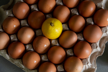 Chicken eggs lie in a tray on a kitchen surface with a yellow lemon. Buying products and goods in the storeの写真素材