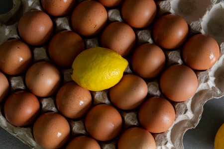 Chicken eggs lie in a tray on a kitchen surface with a yellow lemon. Buying products and goods in the storeの写真素材