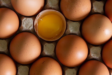 Chicken eggs lie in a tray on the kitchen surface with a broken yellow yolk. Buying products and goods in the storeの写真素材