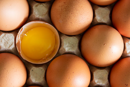 Chicken eggs lie in a tray on the kitchen surface with a broken yellow yolk. Buying products and goods in the storeの写真素材