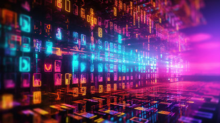 Digital code in neon light. Modern technologies and objects created with the help of AIの素材