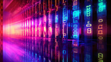 Digital code in neon light. Modern technologies and objects created with the help of AIの素材
