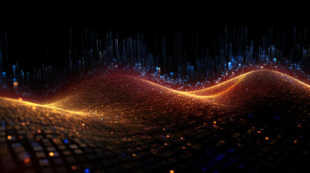 A glowing particle and binary wave pattern on dark background. Background with glowing lights.の素材