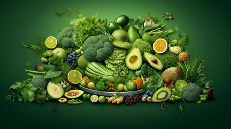 Healthy food clean eating selection: fruit, vegetable, seeds, superfood, cereal, leaf vegetable on gray concrete background.の素材