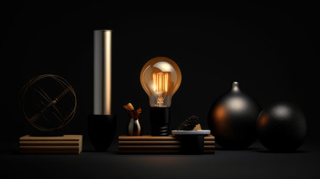 Classic retro Edison incandescent lamp, glowing filaments on a dark background. Close-up. generated by AIの素材