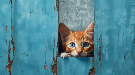 A red, small kitten peeks out from behind a blue background. AI generated.の素材