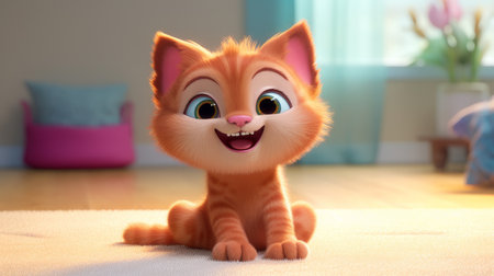 A redhead who smiles and a contented cat at home on the carpet. AI generatedの素材