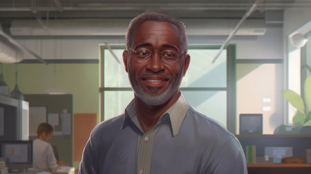 Portrait of a dark-skinned adult man with gray hair, who is smiling and standing in a bright office. AI generatedの素材