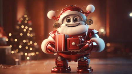 Robot Santa Claus with New Year and Christmas gifts on a plain background. AI generated.の素材