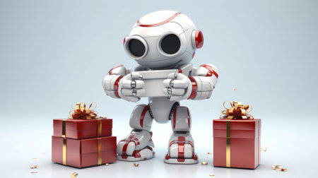White, modern robot with New Year and Christmas gifts on a plain background. AI generated.の素材