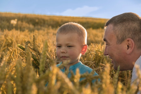 Dad and his little son are having fun walking in a field with ripe wheat. Grain for making bread. the concept of economic crisis and hungerの写真素材