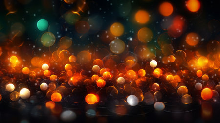 Abstract dark background with glowing bokeh in orange, warm colors. AI generated.の素材
