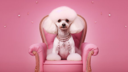A white poodle with a beautiful haircut sits in a pink chair on a pink background at the groomers reception. AI generated.の素材