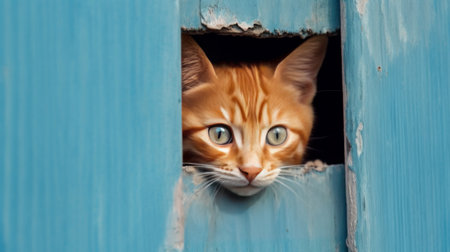 A red, small kitten peeks out from behind a blue background. AI generated.の素材