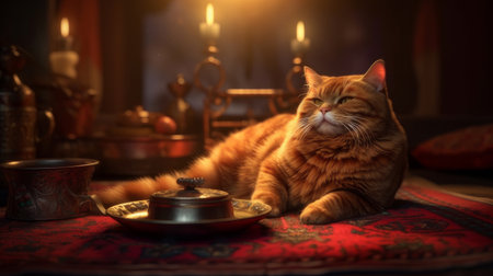 A fat, red striped cat lies on a red carpet after a hearty dinner in a room with candles. AI generated.の素材