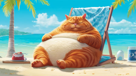 A red striped cat lies on a sun lounger on the shores of the turquoise sea with white sand. Concept travel and vacation. AI generated.の素材
