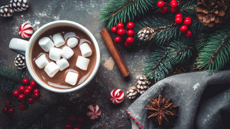 Hot chocolate with marshallows on a wooden surface with red caramel. New Year and Christmas decor and decoration. AI generatedの素材